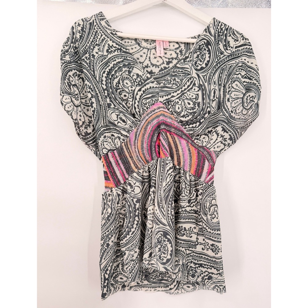 Sweet Pea Paisley Mesh Top Womens L Black White Boho Empire Waist Blouse